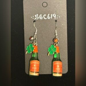 SGC619 Jameson orange whiskey with orange gem accent dangle drop earrings